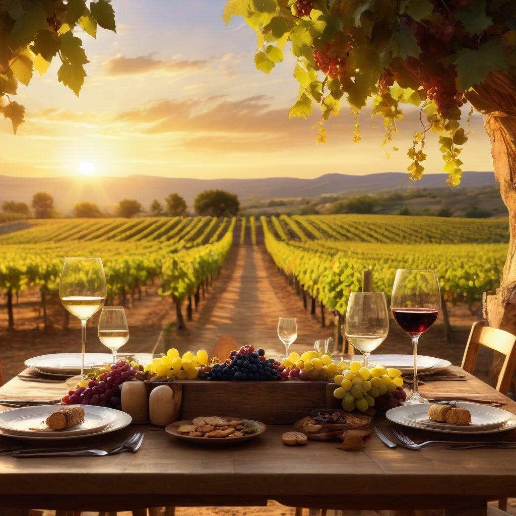 A rustic vineyard landscape with rows of grapevines under a golden sunset. In the foreground, a beautifully set table adorned with wine glasses and gourmet dishes showcasing a wine pairing experience. Include animated elements of grape clusters and corks, symbolizing the journey from vineyard to dining. Warm and inviting atmosphere with soft, glowing lights. impressionistic painting style.
