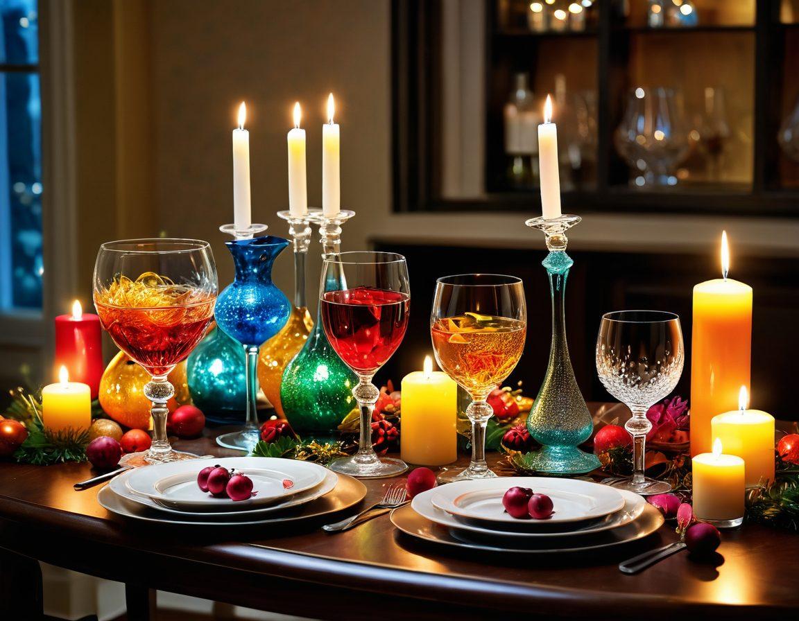 A beautifully arranged table featuring an assortment of elegant glassware filled with colorful spirits, surrounded by festive decorations like glittering lights, seasonal flowers, and cheerful candles. Incorporate a warm and inviting atmosphere, showcasing friends clinking glasses in celebration. Capture the joy of festive gatherings with a blend of rich textures and colors. super-realistic. vibrant colors. cozy ambiance.