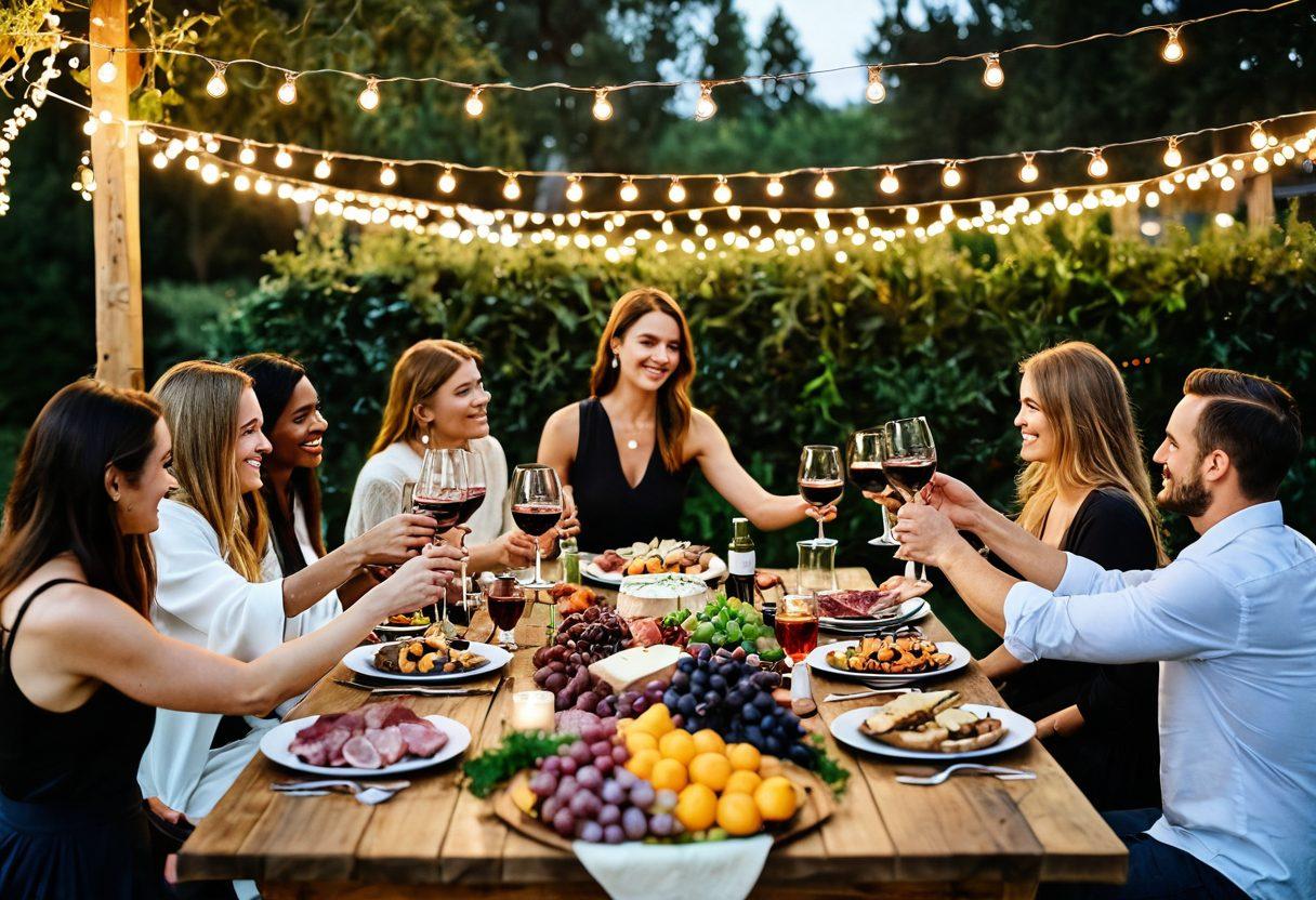 A beautifully arranged wine tasting table set outdoors, adorned with an array of vibrant wine bottles, elegant glasses, and gourmet food pairings like cheeses, fruits, and charcuterie. Surrounding the table, joyful people clink their glasses together, showcasing a festive atmosphere with twinkling fairy lights overhead and lush greenery in the background. The scene exudes celebration, warmth, and elegance. super-realistic. vibrant colors. outdoor setting.
